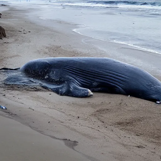 Prompt: a grey giant dead whale washed up on a beach