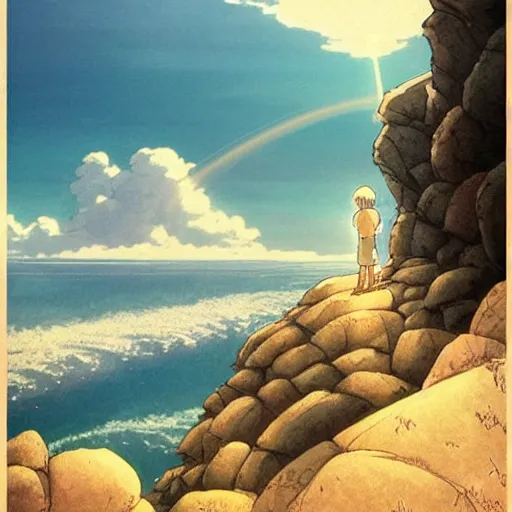 Image similar to Image from afar, man looking from the top of a large rock cliff, the sea hits the large stones hard, the clouds let through subtle rays of light, art by Hayao Miyazaki, whimsical, anime, children's illustration