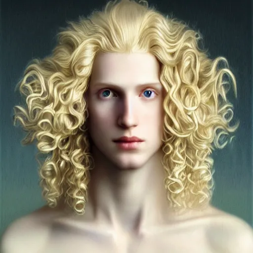 Prompt: Beautiful 3d render of the pale blond androgynous prince in a sensual pose, long curly golden blond hair, baroque curls, very very pale white skin, atmospheric lighting, painted, intricate, volumetric lighting, beautiful, rich deep colours masterpiece, golden hour, sharp focus, ultra detailed, in the style of Dan Mumford and Johfra Bosschart, with a crowded futuristic cyberpunk city in the background, astrophotgraphy