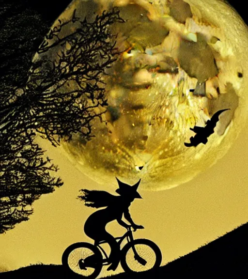 Image similar to a witch with a pointy hat is riding a flying bike across the full moon as silhouette, from the movie e. t. the extra terrestrial, with dark trees in foreground, cinematic frame by steven spielberg, hd