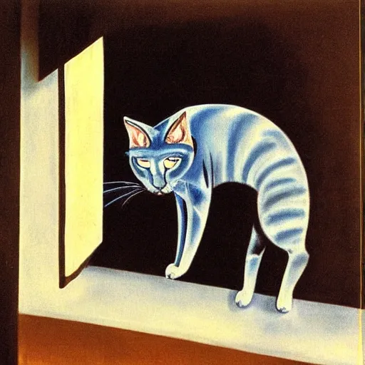 Prompt: The blue cat looking out of the window at night , Dali style