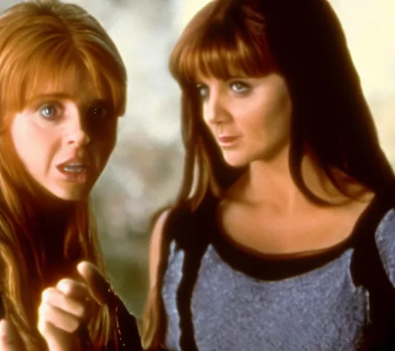 Prompt: a movie still of sarah gellar as xena speaking to ron weasley in the movie harry potter