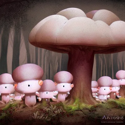 Prompt: leucistic Axolotls in an eerie mushroom forest, matte painting