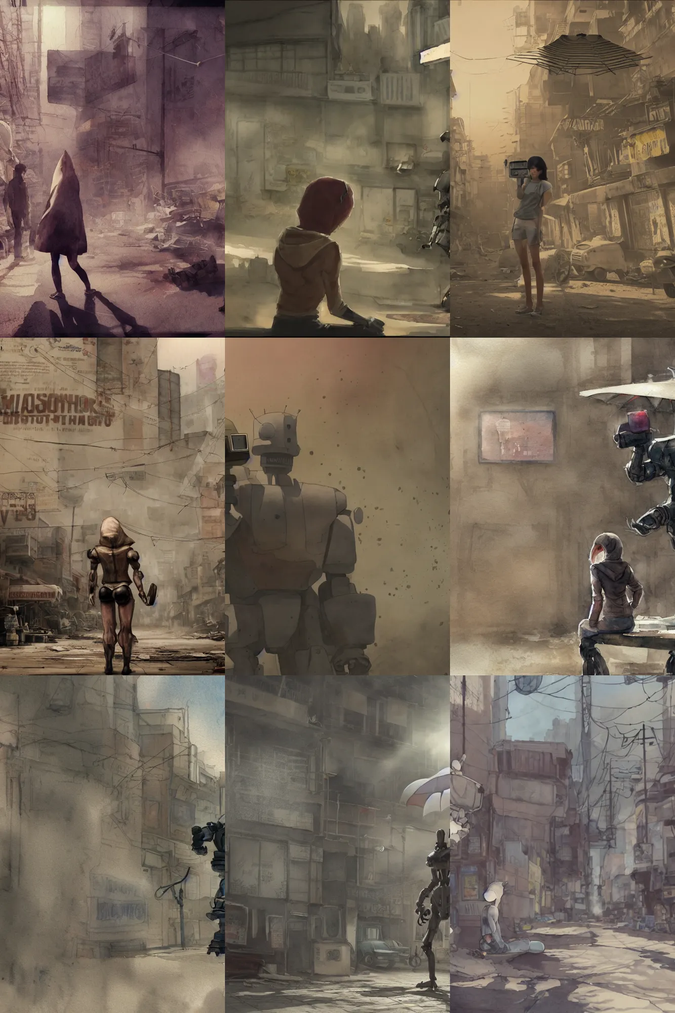 Prompt: incredible screenshot, simple watercolor, soft bloom lighting, paper texture, movie scene, distant shot of hoody girl side view sitting under a parasol in deserted dusty shinjuku junk town, old pawn shop, bright sun bleached ground , happy muscle robot monster lurks in the background, animatronic, black smoke, pale beige sky, junk tv, texture, strange, impossible, fur, spines, mouth, pipe brain, shell, brown mud, dust, overhead wires, telephone pole, dusty, dry, pencil marks hd, 4k, remaster, dynamic camera angle, deep 3 point perspective, fish eye, dynamic scene