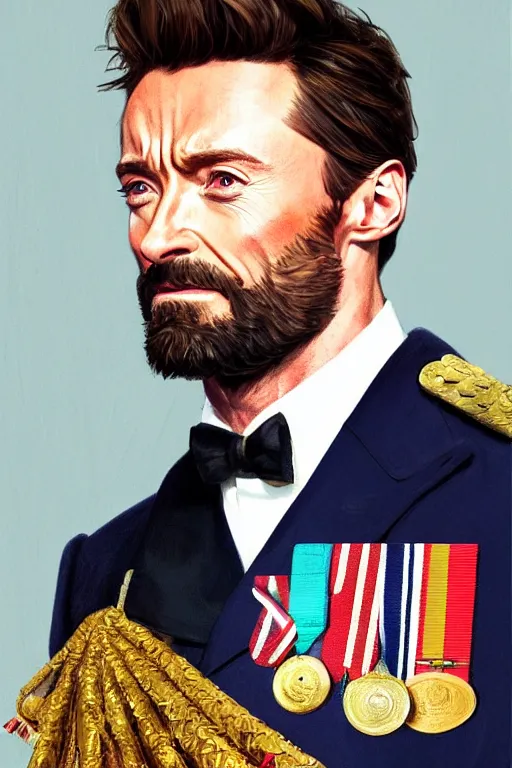 Prompt: Hugh Jackman in a Royal Navy uniform with medals on his jacket, holding a ceremonial sword, highly detailed, digital painting, Trending on artstation , HD quality, by artgerm and greg rutkowski and alphonse mucha, dramatic light, octane