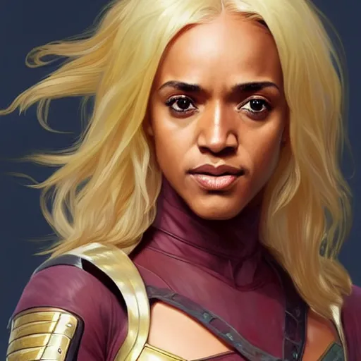 Image similar to Maisie Richardson-Sellers with blonde hair as Super Girl, western, D&D, fantasy, intricate, elegant, highly detailed, digital painting, artstation, concept art, matte, sharp focus, illustration, art by Artgerm and Greg Rutkowski and Alphonse Mucha