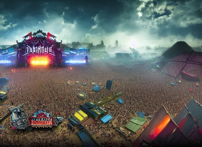 Prompt: ultra realistic, wide angle view of the mainstage of defqon 1 music festival in 2 0 5 0 by chris foss, futuristic, octane render, sharp focus cinematic lighting, dramatic perspective, highly detailed, ultra realistic, masterpiece, 4 k, 8 k