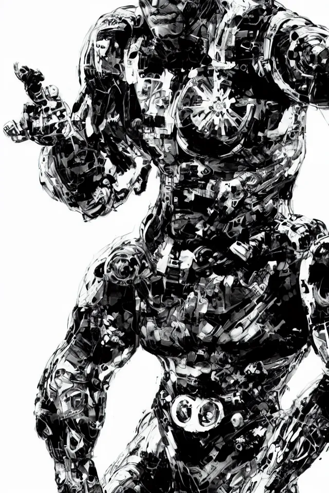 Image similar to a full - body portrait of cyborg ninja joe rogan, in yoji shinkawa's art style, metal gear solid art style, highly detailed, 4 k, artistic, white background, b & w