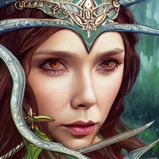 Image similar to Elizabeth Olsen as a elf archer, cute, fantasy, intricate, elegant, highly detailed, centered, digital painting, artstation, concept art, smooth, sharp focus, illustration, art by artgerm and H R Giger and alphonse mucha