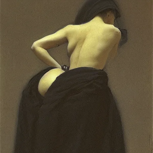 Prompt: Back view of the grim reaper, thin black robe, curvy, peach emoji, death himself, elegant, deep shadows, award winning, by Ilya Repin, deviant art