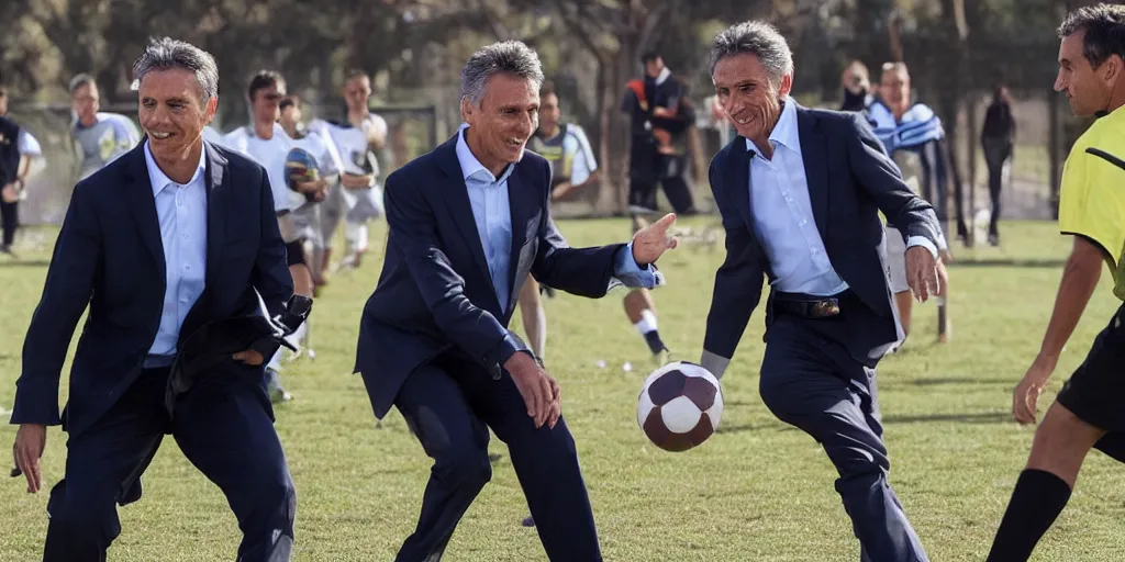 Image similar to Mauricio Macri playing football with judges