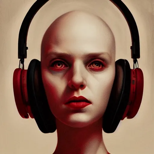 Image similar to portrait of a pale bald woman with red headphones, staring at you, black background, curious eyes, by Anato Finnstark, Tom Bagshaw, Brom