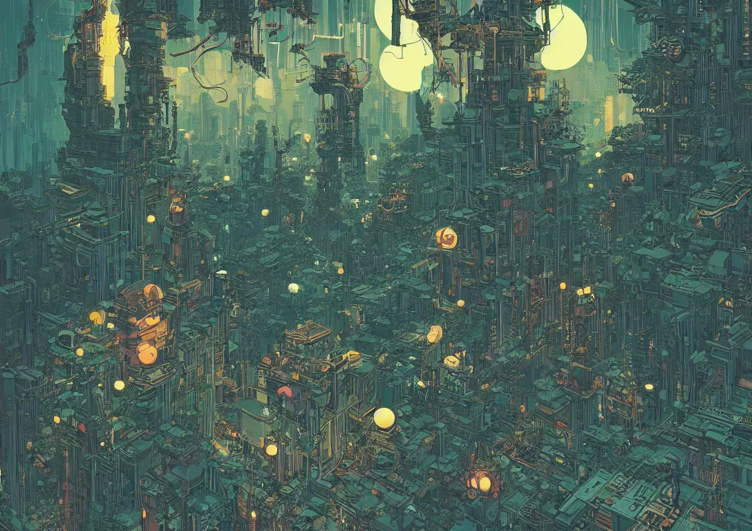 Prompt: Stunningly intricate illustration of single cyberpunk explorer overlooking lush forest, highly detailed, midnight, small glowing orbs by Victo Ngai and James Gilleard , Moebius, Laurie Greasley