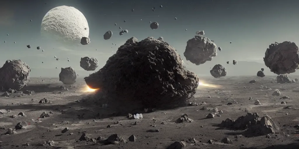 Image similar to huge asteroid destroying the moon, a lot of flying debris, greg rutkowski, 8 k, shallow depth of field, ultra high detail, concept art,