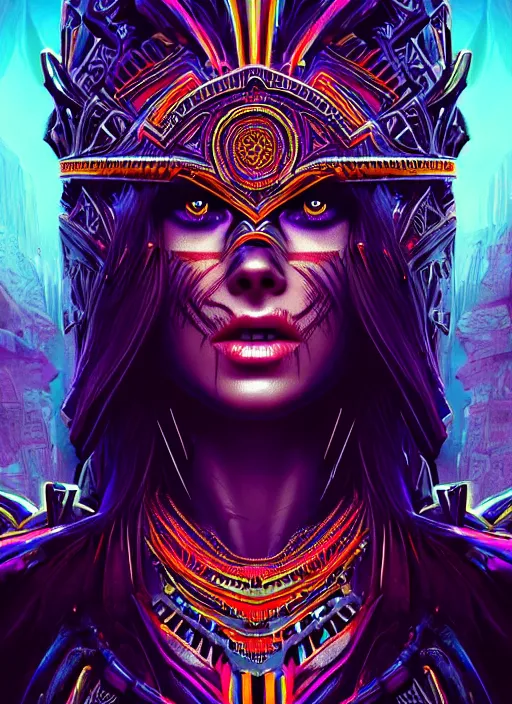 Prompt: hyper detailed ultra sharp aztec underworld warrior trance girl, beautiful face, kate beckinsale. trending on artstation, warpaint aesthetic, earthwave, colorful, neon, ornate, intricate, digital painting, concept art, smooth, sharp focus, illustration, art by artgerm and greg rutkowski and h. r. giger, 8 k