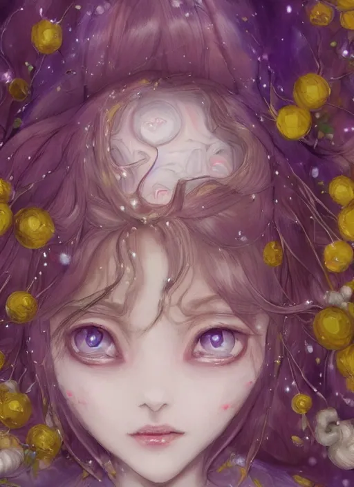 Prompt: little elf girl, santa claus suit, soft hair. light color palate, purple, yellow and white. detailed soft painting, ayami kojima, made in abyss, anatomically correct, inspired in balthus, high detailed face anime, vogue magazine, glorious composition, mobile wallpaper