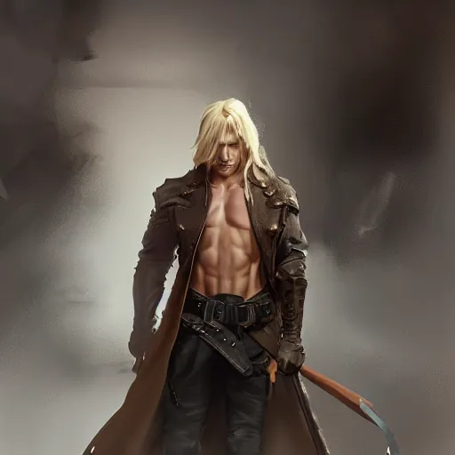 Image similar to portrait of a muscular, grim, ponytail haired blonde man in his late 30's, wearing a thick brown leather coat, looking to his side, hunter, DnD character, fantasy character, digital art by Ruan Jia, Krenz Cushart, Rossdraws and Boris Vallejo