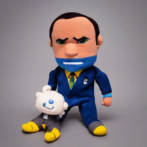 Image similar to Bolsonaro plush toy, product photography