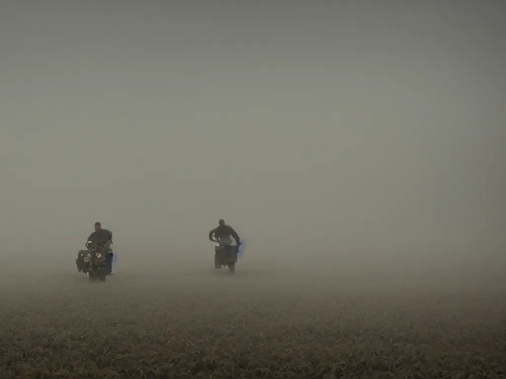 Prompt: farmer riding his flying machine to harvest crops at a vertical farm in blade runner 2 0 7 2, cinestill, denis villeneuve, atmospheric, morning light, foggy, distant, futuristic, muddy and dirty, ultra - hd, ultra - realistic