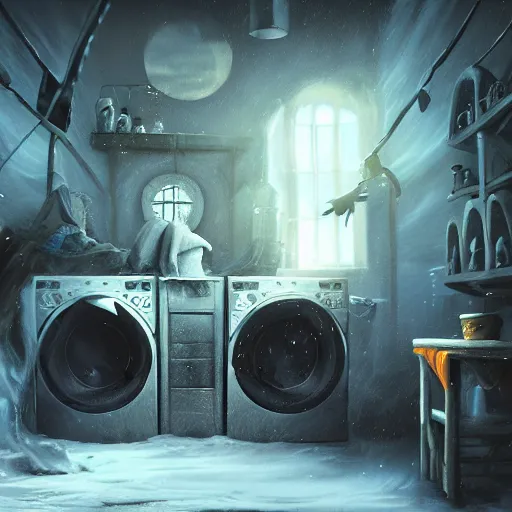 Prompt: demonic creature with giant claws crawling out of a washing machine in a laundry room, cinematic lighting, inspired by Evgeny Lushpin,George, greg rutkowski winter,nighttime,cinematic,art station