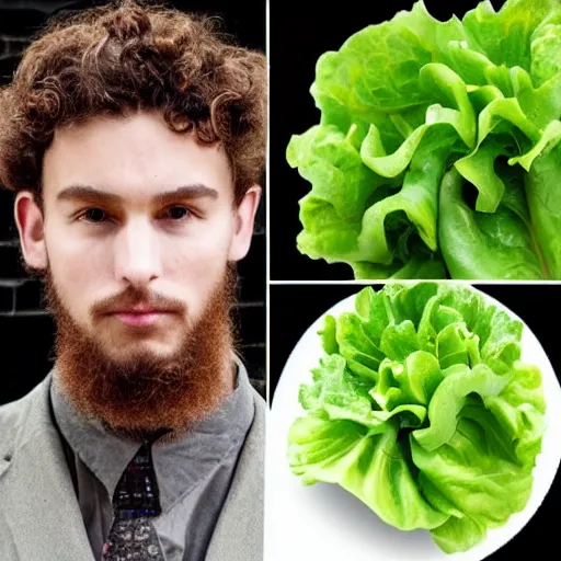 Prompt: lettuce on young mans head