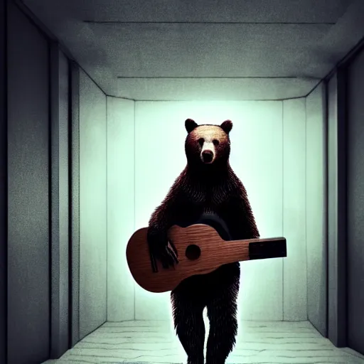 Image similar to realistic bear holding a (wooden triangle + guitar neck + sound hole ) and playing it like a guitar in an abandoned and desecrated hallway in a cyberpunk lab, ultra realistic, concept art, intricate details, eerie, highly detailed, photorealistic, octane render, 8k, unreal engine, art by Vita Wen