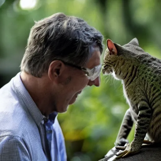 Image similar to photo of a frog man talking with his cat