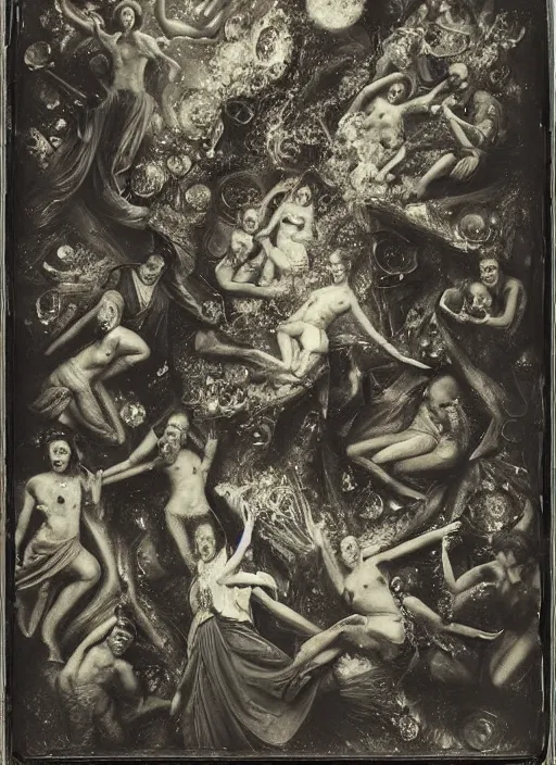 Prompt: old wetplate daguerreotype portrait of creation of time, explosion of data fragments, fractal, intricate, elegant, highly detailed, parallax, leica, medium format, subsurface scattering, portrait, elegant, highly detailed, matte painting, by stanley spencer