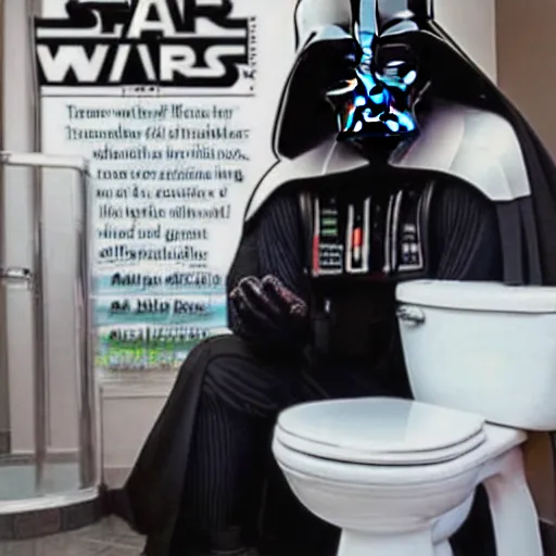 Prompt: Darth Vader sitting on the toilet reading a newspaper