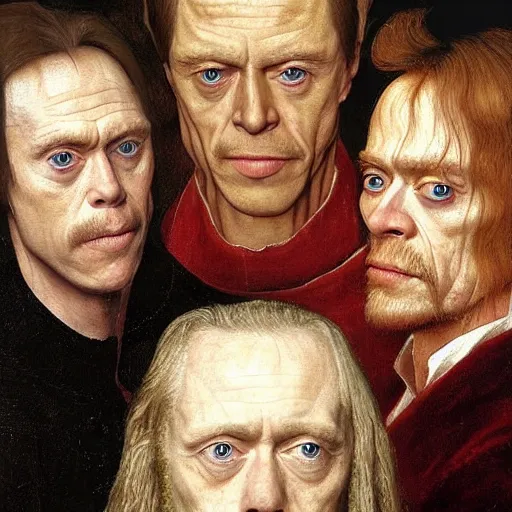 Image similar to portrait of chris hemsworth combined with willem dafoe and steve buscemi, oil painting by jan van eyck, northern renaissance art, oil on canvas, wet - on - wet technique, realistic, expressive emotions, intricate textures, illusionistic detail