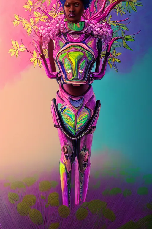 Image similar to illustration neo - futurist cinematic super expressive! yoruba goddess with exoskeleton armor, merging with tree in a forest, pink yellow flowers, highly detailed digital art masterpiece, smooth etienne sandorfi eric zener dramatic pearlescent soft teal light, ground angle uhd 8 k, sharp focus