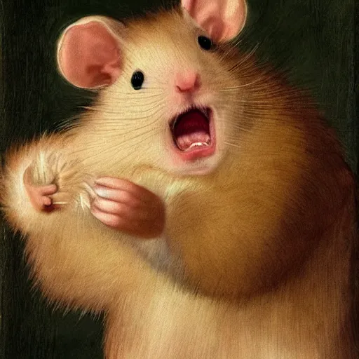 Prompt: portrait of a very stressed, angry hamster, renaissance art, highly detailed, trending on Artstation