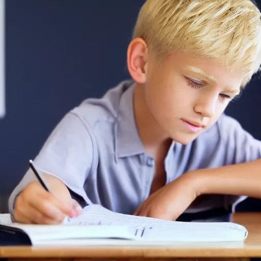 Image similar to boy with blonde hair doing homework