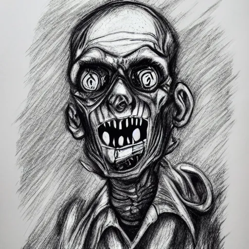 Image similar to a scary horror themed uncle, drawn with charcoal and pen and ink, half-tone-line-stacking