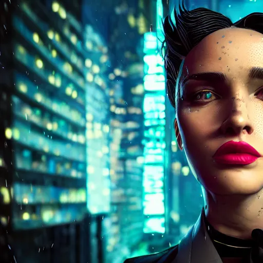 Prompt: cinematic, cartoon women portrait made out of rain, pinstripe suit, short hair, cyberpunk background, rendered in octane, unreal engine, highly detailed, trending on artstation, realistic, neon, beautiful