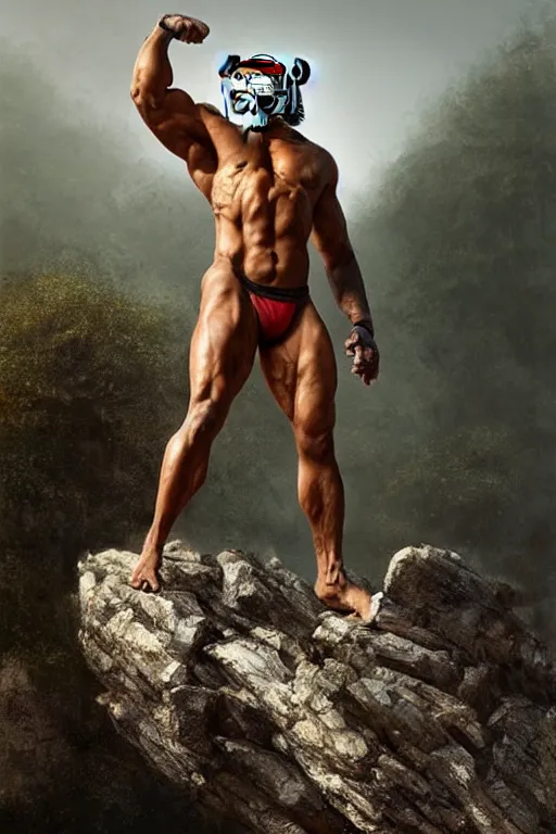 Image similar to a humanoid muscular man with a tiger mask stands on a rock by greg rutkowski, magic realism, hyper realistic, 2 0 0 mm lens