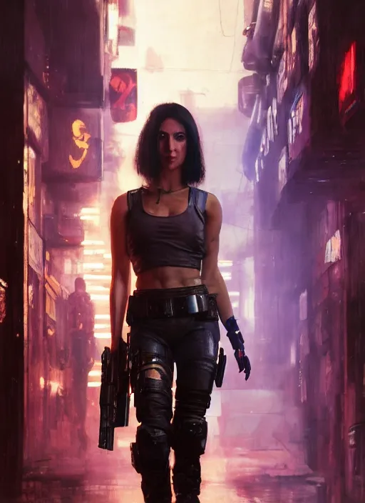 Image similar to Sonya Lopez. Cyberpunk hitwoman wearing military vest walking through nightclub (blade runner 2049, cyberpunk 2077). Orientalist portrait by john william waterhouse and James Gurney and Theodore Ralli and Nasreddine Dinet, oil on canvas. Cinematic, hyper realism, realistic proportions, dramatic lighting, high detail 4k