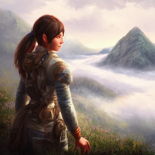 Image similar to highly detailed beautiful digital portrait painting of an adventurer woman facing away from the camera, looking at cliffs and mountains in the distant fog, trending on artstation, cgsociety