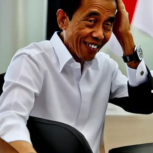 Prompt: Jokowi showing off wearing gshock watch in a meeting, photorealistic