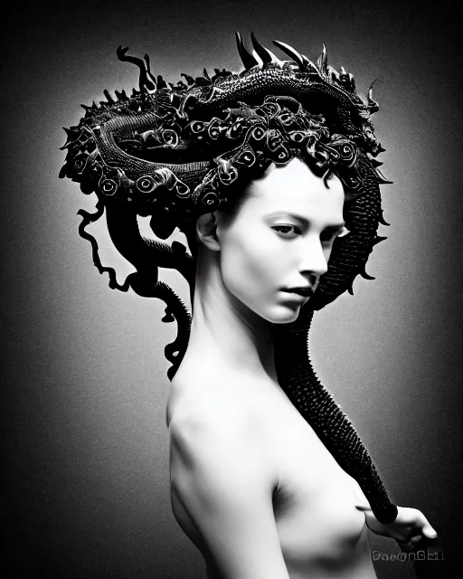 Image similar to dark background, a black and white high quality dreamy photo of a young beautiful female queen-dragon-vegetal-cyborg bust with a very long neck and delicate Mandelbrot fractal face, elegant, highly detailed, flesh highly baroque ornate, hair are curled wired cables, elegant, poetic, soft, dreamy, mysterious, high fashion, rim light, in the style of Ellen von Unwerth, Realistic, Refined, Digital Art, Highly Detailed, Cinematic Lighting, rim light, black and white, photo-realistic, 8K