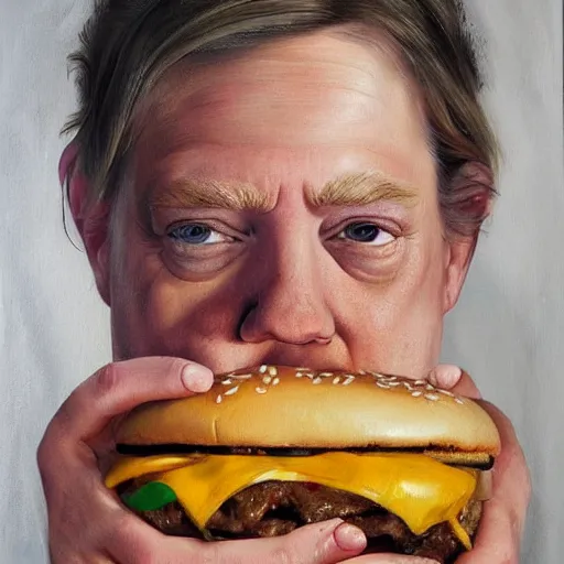 Prompt: realistic painting by jenny saville of donald trump licking a cheeseburger, art by jenny saville and tom bagshaw, detailed, sharp, smooth