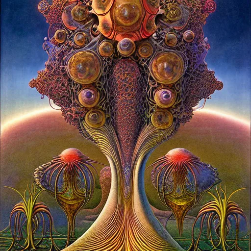 Prompt: divine chaos engine by roger dean and andrew ferez, symbolist, visionary, detailed, realistic, surreality, art forms of nature by ernst haeckel, deep rich moody colors, botanical fractal structures, art nouveau