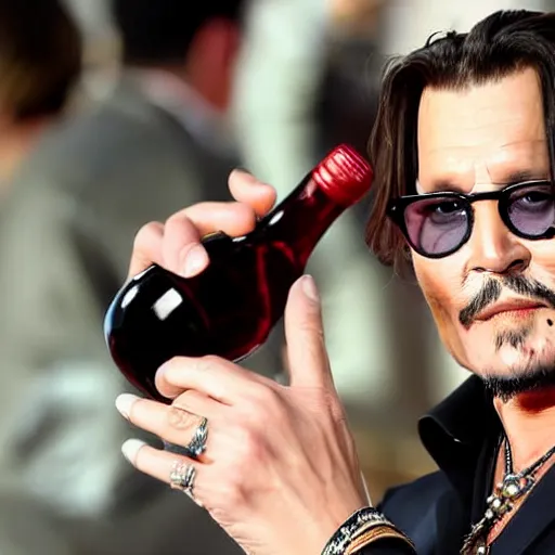 Prompt: Johnny Depp taking a sip from a megapint of red wine, photograph