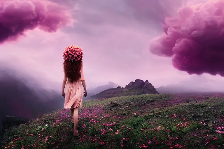 Image similar to a giant dahlia flower crown head, girl walking on mountain, surreal photography, pink storm clouds, dramatic light, impressionist painting, digital painting, artstation, simon stalenhag