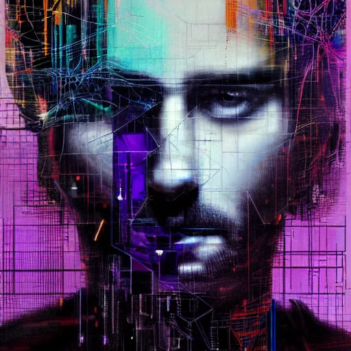 Image similar to hyperrealistic portrait of a cyberpunk man, adult man, long hair, immersed within a network, glitch eyes, by Guy Denning, Johannes Itten, Derek Gores, Russ Mills, glitch art, smooth lines, fine detail, polished, complex, hacking effects, holographic, digital tech effects, blue and violet, color blocking!, realistic, acrylic on canvas, concept art, abstract!, symmetrical, 8k, concept art, octane, photorealistic, cgsociety, trending on artstation