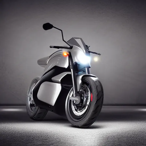 Prompt: product design study of a tesla motorbike, grey, photo - realistic, volumetric lightning