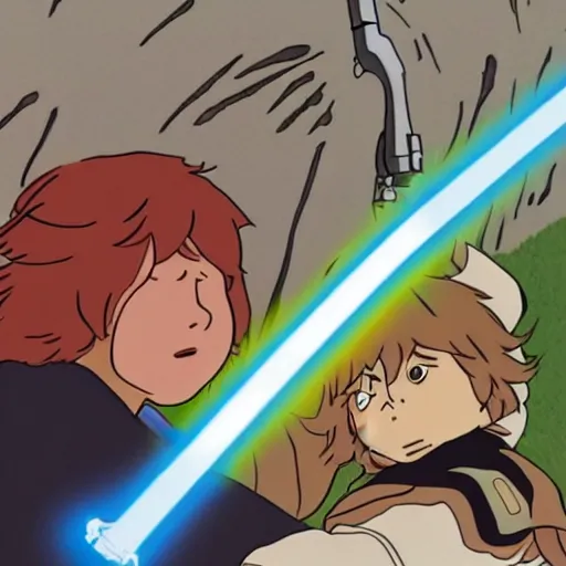 Image similar to Studio Ghibli Luke Skywalker vs Darth Vader lightsaber duel