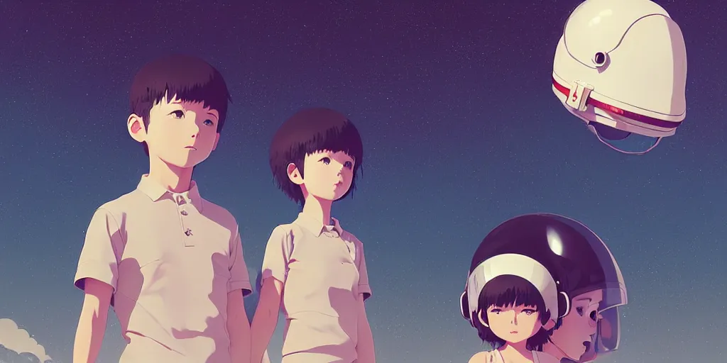 Image similar to 3 d portrait of boy and girl with astronaut helmets by ilya kuvshinov, cloudy sky background lush landscape ln illustration concept art anime key visual trending pixiv by victo ngai fanbox by greg rutkowski makoto shinkai takashi takeuchi studio ghibli