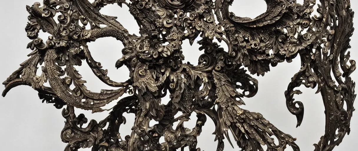 Image similar to carved black marble mechanical sculpture wearing hard surface armour, subtle gold accents, frontal view, ivory rococo, wings lace wear, hyper detailed, insane details, intricate