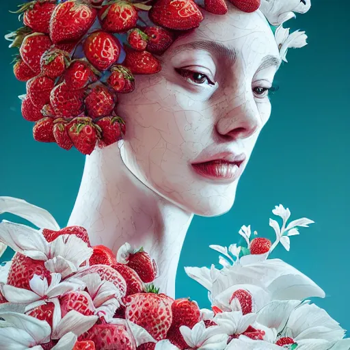 Image similar to the portrait of an absurdly beautiful, graceful, elegant, sophisticated, fashionable woman made of strawberries and white petals looking down, an ultrafine hyperdetailed illustration by kim jung gi, irakli nadar, intricate linework, bright colors, octopath traveler, final fantasy, unreal engine 5 highly rendered, global illumination, radiant light, detailed and intricate environment